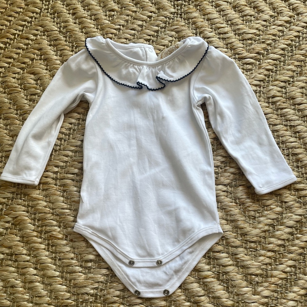The Beaufort Bonnet Company onesie with blue ruffle collar 6/12 months